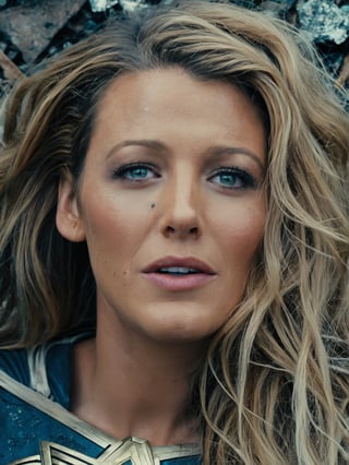 best quality, Blake Lively as Wonder Woman laying down on a big pile, penetrating look, evil eyes, messy hair, ((closeup)), best quality, ultra realistic, photorealistic, a lot money everywhere,blake lively,ohwx woman