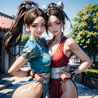 pictures of 2 beautiful girls, chun li and shiranui mai, looking at viewer, smiling, hug, cute pose, outside, blue sky, extreme detail, masterpiece, beautiful quality, ,brown eyes, shiranui mai, chun li