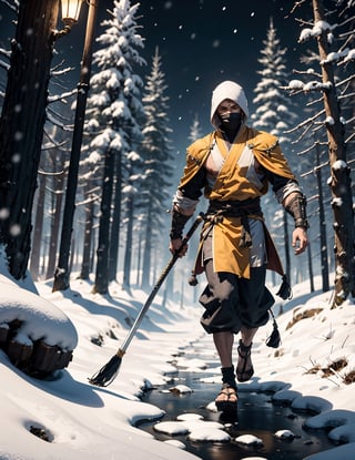 zbzr,man, ninja, yellow robes, loin cloth, looking at viewer, full body shot, outside, snow, snowing, trees, night, extreme detail, masterpiece,  ,mkscorpion