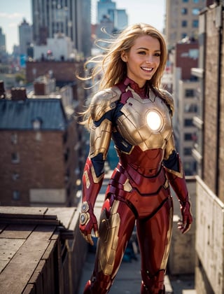 (extremely detailed, realistic, perfect lighting, vibrant colors,intricate details,absurdres),(masterpiece, high detailed skin:1.3),1girl,light blonde hair,layered hair, 2/3 body, 
{ petite, (perfect hands, perfect anatomy)), wearing iron man armor without helmet, }
{ smiling, seducing, new york city rooftops,)},iron man