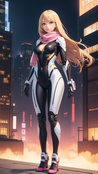 (masterpiece, best quality), intricate details, 1girl, bodysuit, full body , long hair, blonde hair, mechanical arms, medium breasts, pink scarf, science fiction, solo, standing, city background
