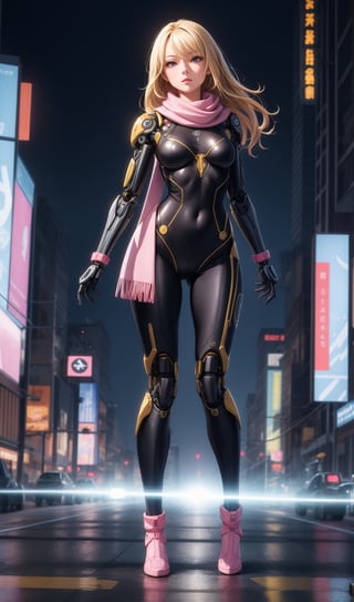 (masterpiece, best quality), intricate details, 1girl, bodysuit, full body , long hair, blonde hair, mechanical arms, medium breasts, pink scarf, science fiction, solo, standing, city background
