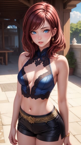 (masterpiece, best quality), intricate details, medium breast, small waist, dark red hair, blue eyes, beautiful face, perfect illumination, beautiful detailed eyes,looking at viewer, stunningly beautiful woman, detailed hairstyle, detailed background,shorts, detailed fantasy background, (sweat:1)
