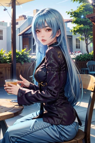 (masterpiece, best quality:1.3)   KOFKula, 1girl, solo, blue hair, bangs, cafe terrace, morning, peaceful and serene with soft morning sunlight