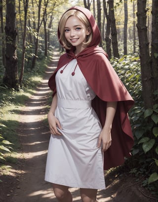 girl, blonde hair, blue eyes, hood, red dress, apron,capelet, looking at viewer, smiling, grin,medium shot, 
standing, outside, forest, autumn, dirt path, natural lighting, extreme detail, masterpiece,  lora:bbh:.8
