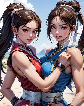 pictures of 2 beautiful girls, chun li and shiranui mai, looking at viewer, smiling, hug, cute pose, outside, blue sky, extreme detail, masterpiece, beautiful quality, ,brown eyes, shiranui mai, chun li