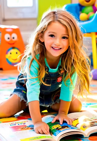 a girl,full body,pixar style,long messy hair, smilling,kindergarten, some kid toys, messy book, painting on the floor, playing together, bright light, playfull,blake lively