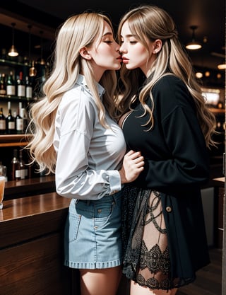 lesbians kissing, 2girls, long wavy thick blonde hair, large breasts, looking at each other, lora:lora_perfecteyes_v1_from_v1_160:0.8, perfect eyes, in an expensive very crowded bar, standing at the bar kissing, lookling at eachother, lora:edgAutumnDressCode:0.8, edgADC_fashion, Realistic, perspective, light and shadow, dim lighting, highly detailed, full body
