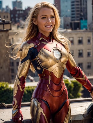 (extremely detailed, realistic, perfect lighting, vibrant colors,intricate details,absurdres),(masterpiece, high detailed skin:1.3),1girl,light blonde hair,layered hair, 2/3 body, 
{ petite, (perfect hands, perfect anatomy)), wearing iron man armor without helmet, }
{ smiling, seducing, new york city rooftops,)},iron man