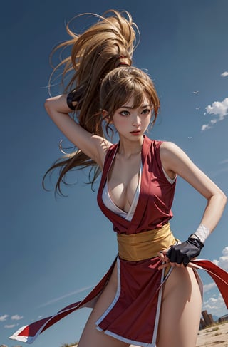 (masterpiece, best quality, high resolution),cowboy shot, 1girl, solo, makims, ninja, pelvic curtain, japanese clothes, sash, gloves, cleavage,  bandages,   lora:MakiMS:1