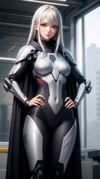 (masterpiece, best quality), 1girl, BREAK android, (grey cybersuit), (black upper armor), mechanical arms, machinery, prosthesis, solo, silver hair, long hair, cloak, BREAK looking at viewer, hand on hip,
