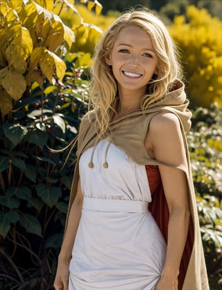 girl, blonde hair, blue eyes, hood, red dress, apron,capelet, looking at viewer, smiling, grin,medium shot, 
standing, outside, forest, autumn, dirt path, natural lighting, extreme detail, masterpiece,  lora:bbh:.8
