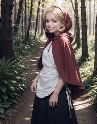 girl, blonde hair, blue eyes, hood, red dress, apron,capelet, looking at viewer, smiling, grin,medium shot, 
standing, outside, forest, autumn, dirt path, natural lighting, extreme detail, masterpiece,  lora:bbh:.8
