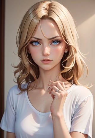 Highly detailed, High Quality, Masterpiece, beautiful, TomReadingTheNewspaper, , 1girl, Maria solo, blonde hair, beautiful eyes, furrowed brow, white t-shirt, diamond ring lora:Maria:1
