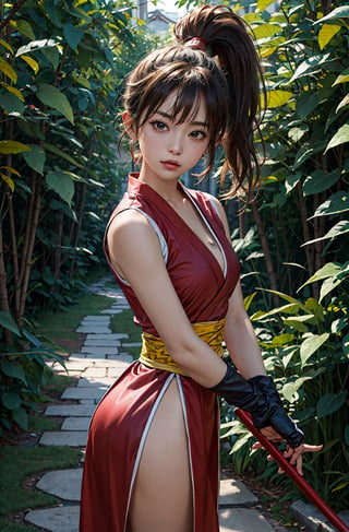 (masterpiece, best quality, high resolution),cowboy shot, 1girl, solo, makims, ninja, pelvic curtain, japanese clothes, sash, gloves, cleavage,  bandages,   lora:MakiMS:1