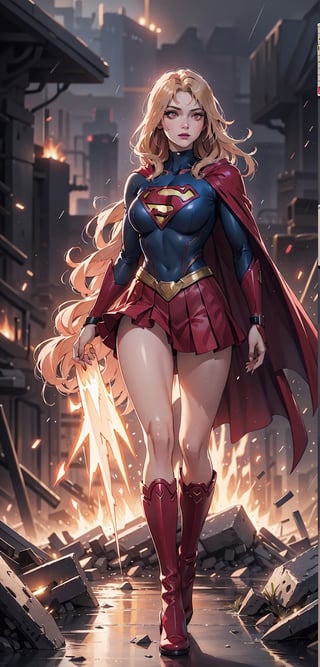 One super female,in superman outfit, mini skirts, red high boots, red_eyes, glowing eyes:1.4, blonde hair:1.3, extreme long hair, straight_hair, run down hair, supergirl suit, serious look, masterpiece, best quality, ultra detailed, (detailed background), perfect shading, high contrast, best illumination, extremely detailed, ray tracing, realistic lighting effects, neon noir illustration, perfect generated hands, ((full-body_portrait)), (black lipstick), black eyeliner, black eye shadow:1.3, pale skin:1.4, black fingernails, black cape, fur cape & long. Background fire-around, rocks, ruins, rain-fire, lightning in the distance.,wearing supergirl_cosplay_outfit