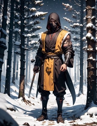 zbzr,man, ninja, yellow robes, loin cloth, looking at viewer, full body shot, outside, snow, snowing, trees, night, extreme detail, masterpiece,  ,mkscorpion