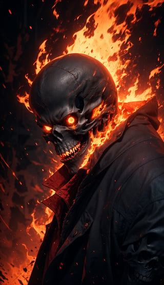 (Masterpiece, best quality, ultra-detail, best shadows, Unreal Engine 5), (detailed background), one person, ((evil skull head with sharp teeth)), black polo with three buttons, 'upper body, body facing sideways, face looking at viewer, close-up', ((red clothing, often in the form of a long two-tailed coat)), open coat, black fingerless gloves, black military-style boots, fire, rocks, ruins, red eyes, shining eyes, ((using headset music)), rain-fire, fire all around, explosion background, SAM YANG, 3DMM, EpicSky