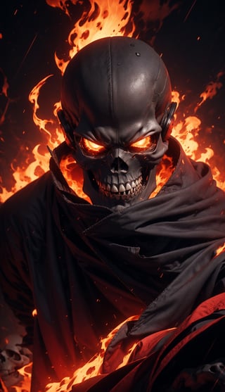 (Masterpiece, best quality, ultra-detail, best shadows, Unreal Engine 5), (detailed background), one person, ((evil skull head with sharp teeth)), black polo with three buttons, 'upper body, body facing sideways, face looking at viewer, close-up', ((red clothing, often in the form of a long two-tailed coat)), open coat, black fingerless gloves, black military-style boots, fire, rocks, ruins, red eyes, shining eyes, ((using headset music)), rain-fire, fire all around, explosion background, SAM YANG, 3DMM, EpicSky