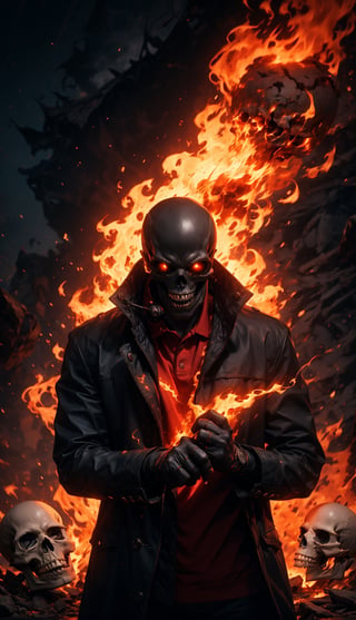 (Masterpiece, best quality, ultra-detail, best shadows, Unreal Engine 5), (detailed background), one person, ((evil skull head with sharp teeth)), black polo with three buttons, upper body, (( red clothing, often in the form of a long two-tailed coat)), open coat, black fingerless gloves, black military-style boots, fire, rocks, ruins, red eyes, shining eyes, ((earphones)), rain -fire, fire all around, explosion background, SAM YANG, 3DMM, EpicSky