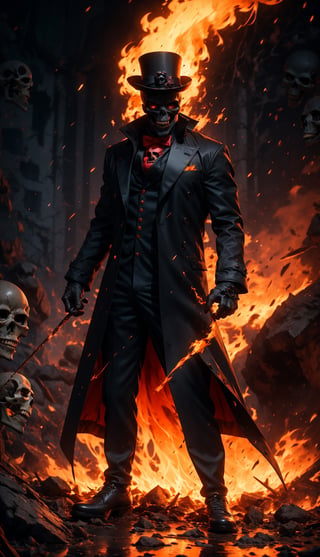 (Masterpiece, best quality, ultra-detailed, best shadow, Unreal Engine 5), (detailed background), one man, ((evil skull head with sharp teeth)), black polo with three buttons, ((red-colored apparel, often in the form of long, two-tailed coats)), open coat, black fingerless gloves, black military-style boots, fire-around, rocks, ruins, red-eyes, eyes-glowing, ((top hat)), rain-fire, fire around her, explosions background,SAM YANG,3DMM,EpicSky