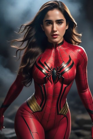 Imagine ultra realistics seductive slutry actress Sara Ali Khan as Julia Carpenter / Spider-Woman from Madame Web with sexy beautiful perfect ultra-realistic body in full spider-woman suit but the suit is torned from the upper side and Sara's fully naked naked breasts and perky nipples are popping out of her spider-woman suit. illustrate Sara with her with her ultra detailed pelvic, hot navel, naked legs, naked vagina with little hair, thick thigs, and sexy feets fiercely posing seductively during midnight in hill station with little fog and floating smokey clouds during night time. Keep Jennifer Connelly's original face and body with real details and merge it with Julia Carpenter / Spider-Woman's sexy slutry  personality.