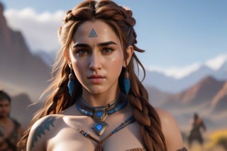 Imagine ultra realistic seductive slutry actress Sara Ali Khan cosplaying as Aloy from the game Horizon Zero Dawn with Aloy's original attire from the game. Sara has sexy beautiful perfect ultra-realistic fully naked body in mystical magical tattoos with sexy naked breasts and perky nipples with her ultra detailed pelvic, hot navel, naked legs, naked vagina with little hair, fiercely posing seductively during  in the hills of Horizon Zero Dawn location with Ravagers and Ravagers in the background. Keep Jennifer Connelly's original face and body with real details and merge it with Sara Ali Khan's sultty personality.