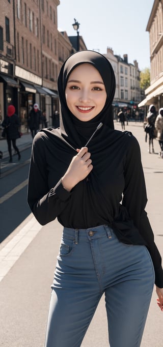 Best quality, masterpiece, photorealistic, ultra high res, 8K raw photo, beautifull face, black hijab, outing shirt, happy smiling, ((Perfect Face)), ((Sexy Face)), brunette, Anders Zorn, full shot of a beautiful girl ,detailed skin, detailed background, finely detailed, 8k uhd, dslr, detailed fingers, at center of city, skintight,pants, exposed pussy, full_body