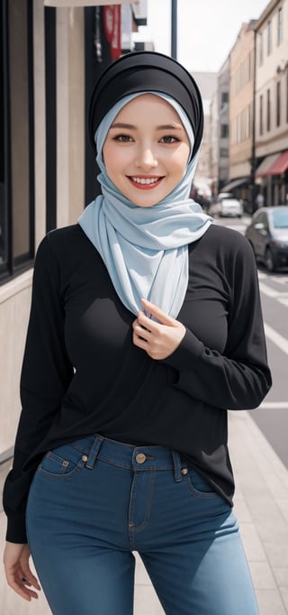 Best quality, masterpiece, photorealistic, ultra high res, 8K raw photo, beautifull face, black hijab, outing shirt, happy smiling, ((Perfect Face)), ((Sexy Face)), brunette, Anders Zorn, full shot of a beautiful girl ,detailed skin, detailed background, finely detailed, 8k uhd, dslr, detailed fingers, at center of city, skintight,pants, exposed pussy, full_body