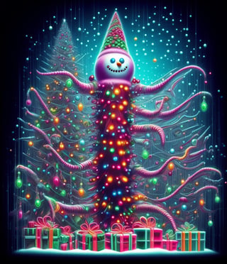 Neon Christmas Snowman monsterdiversity, Centered, Mechanical Grotesque  monsterdiversity, monster, colorful monster, realistic monster, unknown creature, Horrific Nightmare Monster by Cronenberg, Centered, Crisp, Clear, HDR, Multicolored, Biological, Industrial, black background ,Monster,Colorful Monster,Realistic Monster,Unknown Creature,DonMN30nChr1stGh0sts,photorealistic