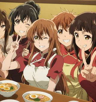 smile, multiple girls, brown hair, black hair, brown eyes,one eye closed, food, grin, apron, v, 4girls, chinese clothes, 5girls, china dress, chopsticks, selfie,ramen,ramen restaurant,32k,masterpiece,full quality,intricate,highest resolution,extremely detailed,finely detail,Visual Anime,anime coloring,anime_screencap,fake_screenshot,anime screencap coloring ,fine_ascxl,anime screencap