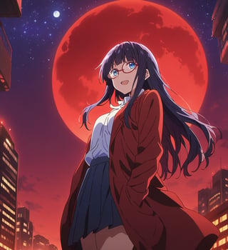1girl, solo, long hair, smile, open mouth,blunt bangs,hime cut,skirt, shirt,light blue eyes,glasses,standing, white shirt,black hair, ñpleated skirt, outdoors, open clothes, sky, arm up, coat, night, moon, from below, looking up, building, star \(sky\), night sky, full moon, starry sky, open coat, city, red moon,vibrant colors,32k,masterpiece,full quality,intricate,highest resolution,extremely detailed,finely detail,Visual Anime,anime coloring,anime_screencap,fake_screenshot,anime screencap coloring ,fine_ascxl,anime screencap