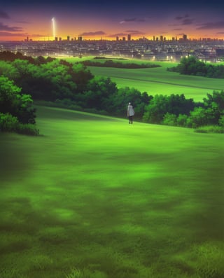 Fullmetal Alchemist Style,anime screenshot,1boy,Short and spiky hair,White hair,blue eyes,((Well detailed eyes)),white trench coat,Black pants,black shoes,Night Landscape,City Landscape,city ​​behind him,fireflies,grass,8k,Very detailed,extremely detailed,High Quality,Best Quality,Full Quality,Full HD,Masterpiece,Perfect lineart,((Everything extremely detailed and perfect)),cinematographic image,cinematographic anime