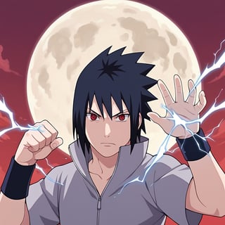 score_9,score_8,score_7,score_6,score_5,score_4,source_anime,medium_shot,Sasuke Uchiha,look of contempt,black hair,sharingan eyes,red eyes,black hair, spiky hair,gray shirt with short sleeves,black arm guard,hand up,chidori,electrokinesis,electricity in hand,moon,red sky,big clouds,BREAK