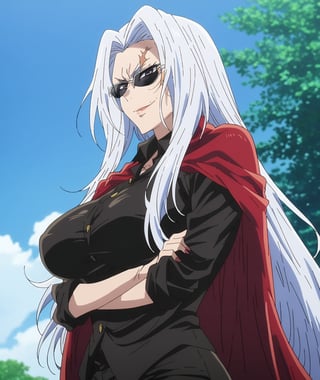 1girl,evil,evil girl,mature woman,very long hair,white hair,sunglasses,evil smirk,black shirt,buttons undone,buttons open,large breasts,scar on face,crossed arms,black pants,red cape,blue sky,cloudy sky,32k,masterpiece,full quality,intricate,highest resolution,extremely detailed,finely detail,Visual Anime,anime coloring,anime_screencap,fake_screenshot,anime screencap coloring ,fine_ascxl,anime screencap,perfect shading,niji style