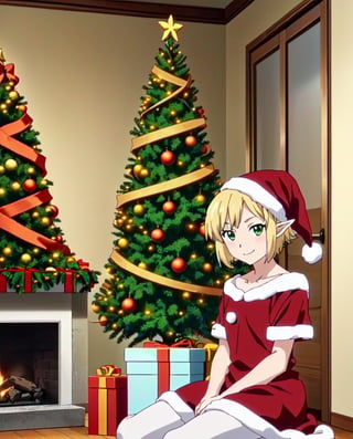 (Anime Screencap:1.5)1girl,looking at viewer,firstplane,elf girl,pointy ears,(short hair with long front strands),christmas hat,blond hair,green eyes,(very expressive face),(expressive eyes),(closed mouth),(smile),happy girl,red dress,red christmas dress,white pantyhose,(((sitting girl))),best quality, masterpiece, illustration,16k, indoor,christmas tree, warm, cozy, window, night, a fireplace