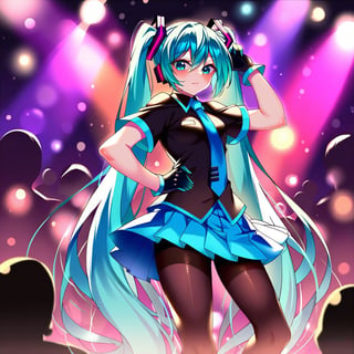 score_9,score_8,score_7,source_amoy,Hatsune Miku,1girl,looking at viewer,solo,long hair,very long hair,twintails,aqua hair,aqua eyes,closed mouth,black shirt,necktie,short sleeves,gloves,skirt,miniskirt,pleated skirt,blue skirt,pantyhose,black pantyhose,concert stage,lights