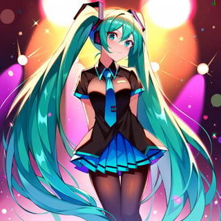 score_9,score_8,score_7,source_zch:1,Hatsune Miku,1girl,looking at viewer,solo,long hair,very long hair,twintails,aqua hair,aqua eyes,closed mouth,black shirt,necktie,short sleeves,gloves,skirt,miniskirt,pleated skirt,blue skirt,pantyhose,black pantyhose,concert stage,lights,hands behind your back 