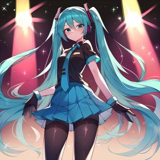 score_9,score_8,score_7,source_bwf,Hatsune Miku,1girl,looking at viewer,solo,long hair,very long hair,twintails,aqua hair,aqua eyes,closed mouth,black shirt,necktie,short sleeves,gloves,skirt,miniskirt,pleated skirt,blue skirt,pantyhose,black pantyhose,concert stage,lights