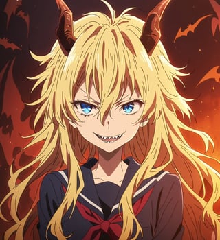 1girl,solo,focus girl,long hair,light blonde hair,disheveled hair,horns,blue eyes,evil look,looking at viewer,smile,evil smile,open mouth,fangs,sharp teeth,holding,bat,holding bat,weapon,school uniform,upper body,serafuku,sailor,32k,masterpiece,full quality,intricate,highest resolution,extremely detailed,finely detail,Visual Anime,anime coloring,anime_screencap,fake_screenshot,anime screencap coloring ,fine_ascxl,anime screencap