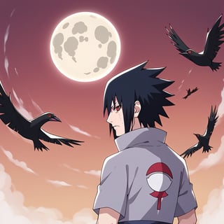 score_9,score_8,score_7,score_6,score_5,score_4,source_anime,medium_shot,Sasuke Uchiha,look of contempt,black hair,sharingan eyes,red eyes,black hair, spicky hair,gray shirt with short sleeves,black arm guard,chidori,electrokinesis,magic,moon,red Sky,big clouds,flying crows,BREAK