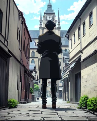 Fullmetal Alchemist Style,(focus boy:1),(from behind:1.5),boy protagonist,anime screenshot,(anime screencap:1.5)1boy,Short and spiky hair,black hair,brown trench coat,black pants ,black shoes,((In front of it there is a clock tower)),Big Ben Tower,clock tower Landscape,8k,Very detailed,extremely detailed,High Quality,Best Quality,Full Quality,Full HD,Masterpiece,Perfect lineart,((Everything extremely detailed and perfect)),cinematographic image,cinematographic anime,Anime ,Anime Landscape 