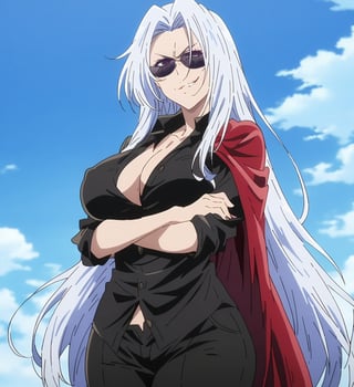 1girl,evil,evil girl,mature woman,very long hair,white hair,sunglasses,smirk,black shirt,buttons undone,buttons open,large breasts,scar on face, crossed arms,black pants,red cape,blue sky,cloudy sky,32k,masterpiece,full quality,intricate,highest resolution,extremely detailed,finely detail,Visual Anime,anime coloring,anime_screencap,fake_screenshot,anime screencap coloring ,fine_ascxl,anime screencap,perfect shading,niji style