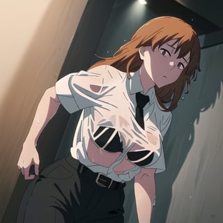 Girl solo, black necktie, white shirt,collared shirt, sleevesa rolled up, black pants, belt, collared shirt, black pants,long hair, orange hair,[[Very feminine face]],[[beautiful face]],[[Detailed face]],[[Absurdly feminine face],[[Perfect eyes]],[[big eyes]],[[girl denji]],[[Beautiful eyes]],(female version),[sexy],[[female]],[[genderswap]],[[1girl]],[[female denji]],[[gender bend]],[[black Bra]],{{{transparent shirt}}},[[Wet shirt]]]],((The wet t-shirt shows her breasts transparent she has a black bra)),[[black bikini visible under her shirt]],[[[huge breasts]]],[[sexy breast]],[[Transparent wet t-shirt]],[[sexy body]],[[femenine body]],[[perfect body]],[[Beautiful body]],[[Milf body]],[[Very detailed body]],[[[dynamic stylish pose]]],[[[[Action Pose]]]],[[dynamic pose]],((best quality)),[[High Quality]] ((masterpiece)), [[16K]],High lines,[[Best lineart]]quality: official art, extremely detailed CG unity 8k wallpaper, perfect lighting, Colorful, Bright_Front_face_Lighting, (masterpiece:1.0),(best_quality:1.0), ultra high res,4K,ultra-detailed, photography, 8K,((perfect hands)),[[in The rain]],[[rainy landscape]],[[Heavy rain]],[[storm]],[[raindrops]],[[wet clothes]],denji