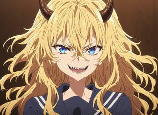 1girl,solo,focus girl,long hair,light blonde hair,disheveled hair,horns,blue eyes,evil look,looking at viewer,smile,evil smile,open mouth,fangs,sharp teeth,school uniform,upper body,blue serafuku,sailor,32k,masterpiece,full quality,intricate,highest resolution,extremely detailed,finely detail,Visual Anime,anime coloring,anime_screencap,fake_screenshot,anime screencap coloring ,fine_ascxl,anime screencap