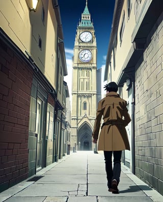 Fullmetal Alchemist Style,(focus boy:1),(from behind:1.5),boy protagonist,anime screenshot,(anime screencap:1.5)1boy,Short and spiky hair,black hair,brown trench coat,black pants ,black shoes,((In front of it there is a clock tower)),Big Ben Tower,clock tower Landscape,night,8k,Very detailed,extremely detailed,High Quality,Best Quality,Full Quality,Full HD,Masterpiece,Perfect lineart,((Everything extremely detailed and perfect)),cinematographic image,cinematographic anime,Anime ,Anime Landscape 