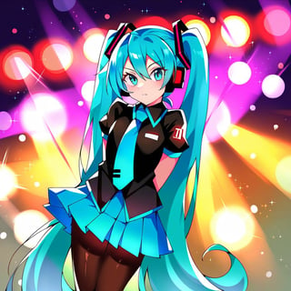 score_9,score_8,score_7,source_aku,Hatsune Miku,1girl,looking at viewer,solo,long hair,very long hair,twintails,aqua hair,aqua eyes,closed mouth,black shirt,necktie,short sleeves,gloves,skirt,miniskirt,pleated skirt,blue skirt,pantyhose,black pantyhose,concert stage,lights,hands behind your back 
