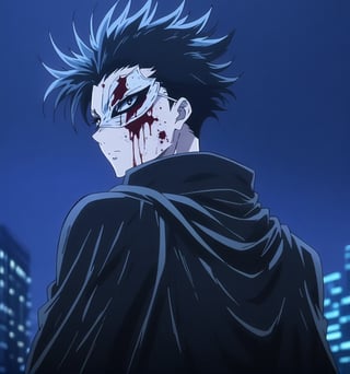 1girl,solo,black hair,spiky hair,hat, male focus, looking back,blood,mask,white mask,blood on mask,black cape,dark sky,gothic style,cityscape,dark cityscape,32k,masterpiece,full quality,intricate,highest resolution,extremely detailed,finely detail,Visual Anime,anime coloring,anime_screencap,fake_screenshot,anime screencap coloring 