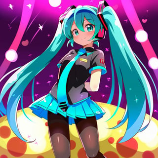 score_9,score_8,score_7,source_bnp,Hatsune Miku,1girl,looking at viewer,solo,long hair,very long hair,twintails,aqua hair,aqua eyes,closed mouth,black shirt,necktie,short sleeves,gloves,skirt,miniskirt,pleated skirt,blue skirt,pantyhose,black pantyhose,concert stage,lights,hands behind your back 
