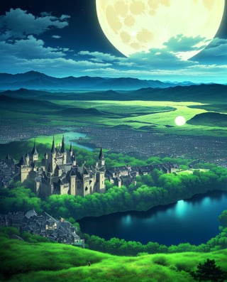 Flying black castle,castle in the sky,fantasy landscape,full moon,dark sky,night,Clouds,Below there are mountains,River,Anime 